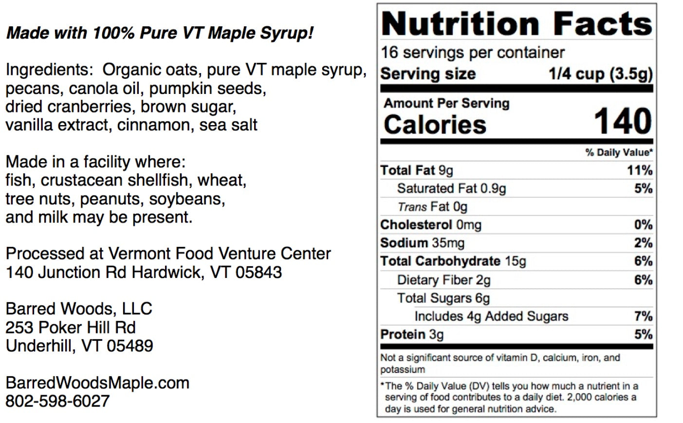 vermont granola made with real maple syrup