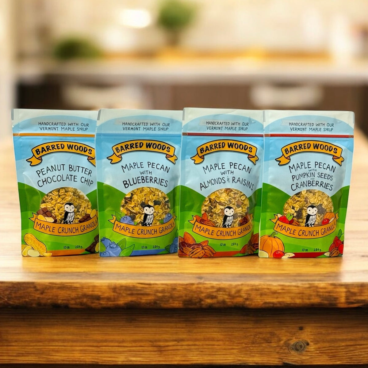 Barred Woods Maple Crunch Granola, available in 4 flavors, all sweetened only with our pure Vermont maple syrup.
