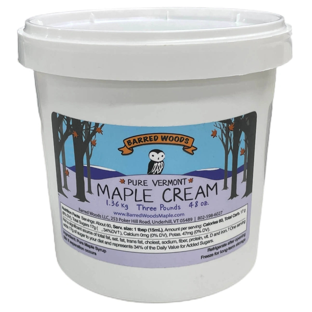 Three pound container of Barred Woods Maple Butter.