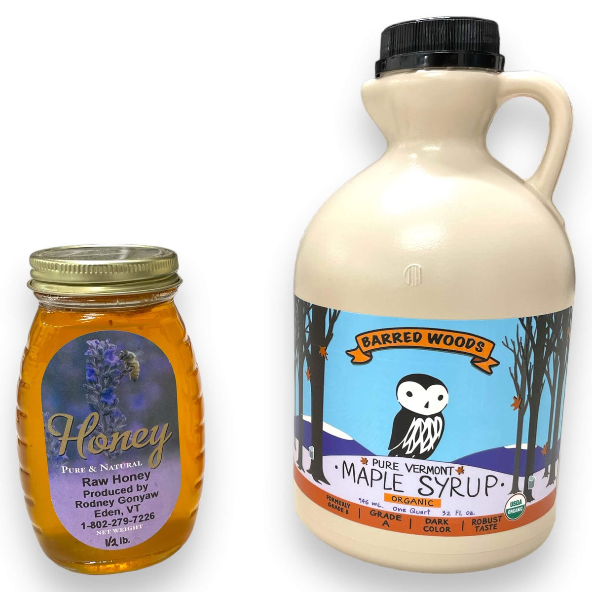 Honey and Maple Syrup 1/2 Pound Jar of local Vermont Honey and a Qua