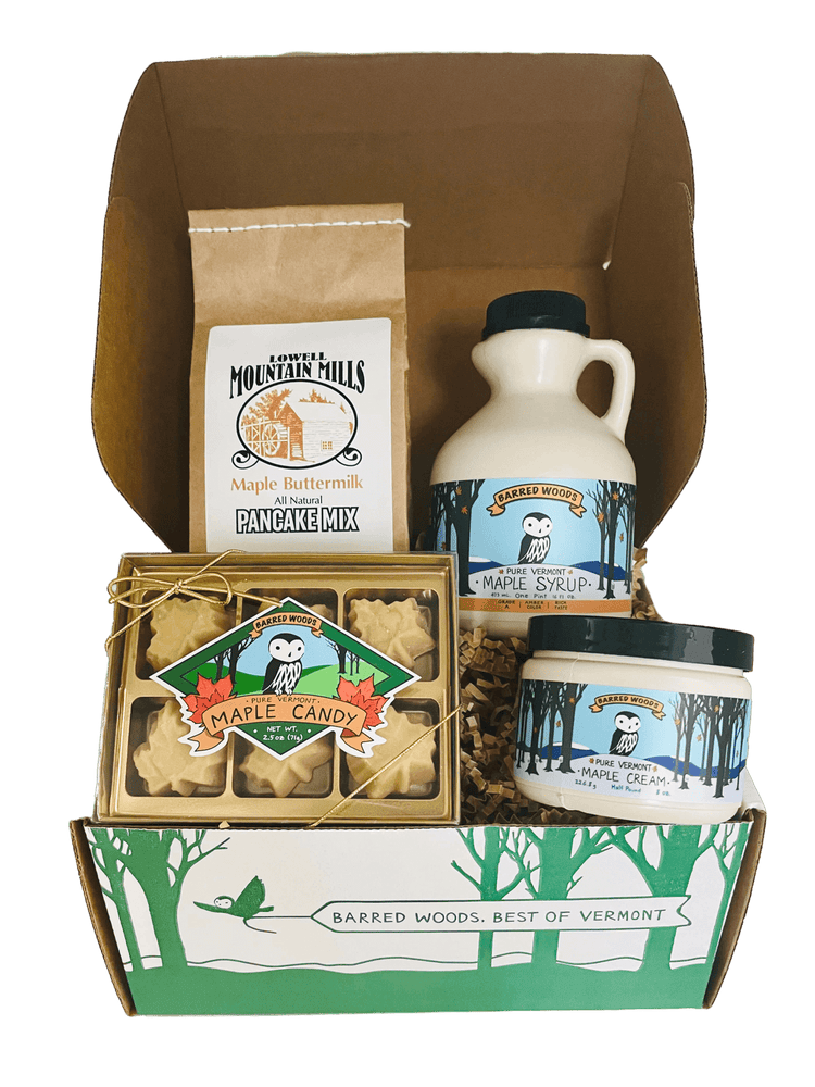 maple gift box with vermont maple syrup and pancakes. Can be ordered in bulk and sent to multiple addresses.  Perfect Corporate gift.
