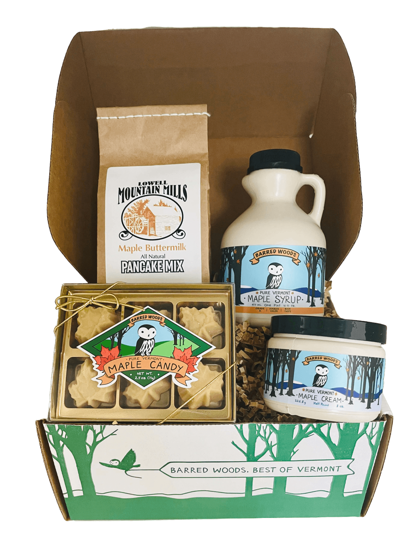 maple gift box with vermont maple syrup and pancakes. Can be ordered in bulk and sent to multiple addresses.  Perfect Corporate gift.