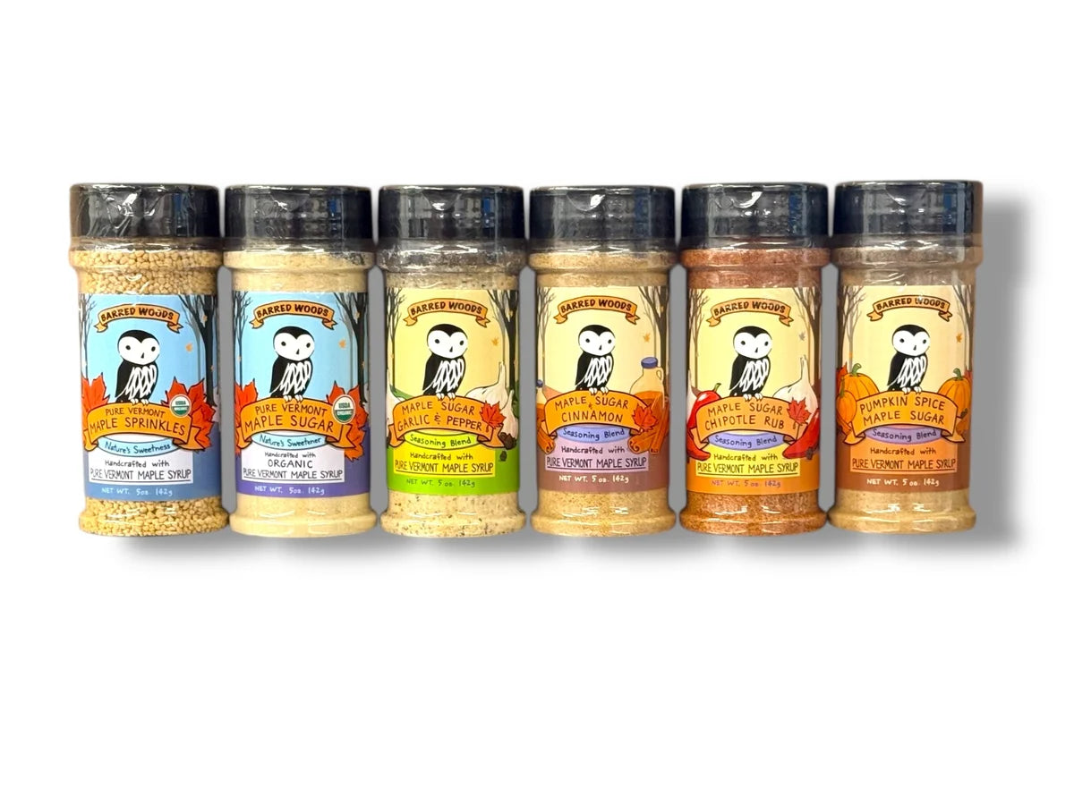 Barred Woods maple seasonings and spice collection, all made with pure Vermont Organic maple sugar.