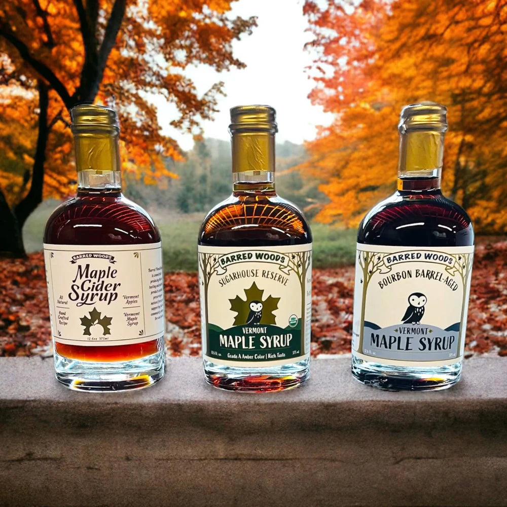 Small-batch premium Vermont maple syrups including Bourbon Barrel Aged Maple Syrup and Reserve grades.