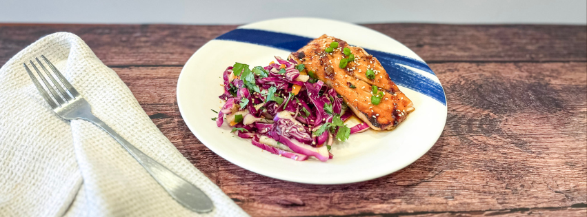 Maple Grilled Salmon with Bourbon barrel aged Maple syrup slaw