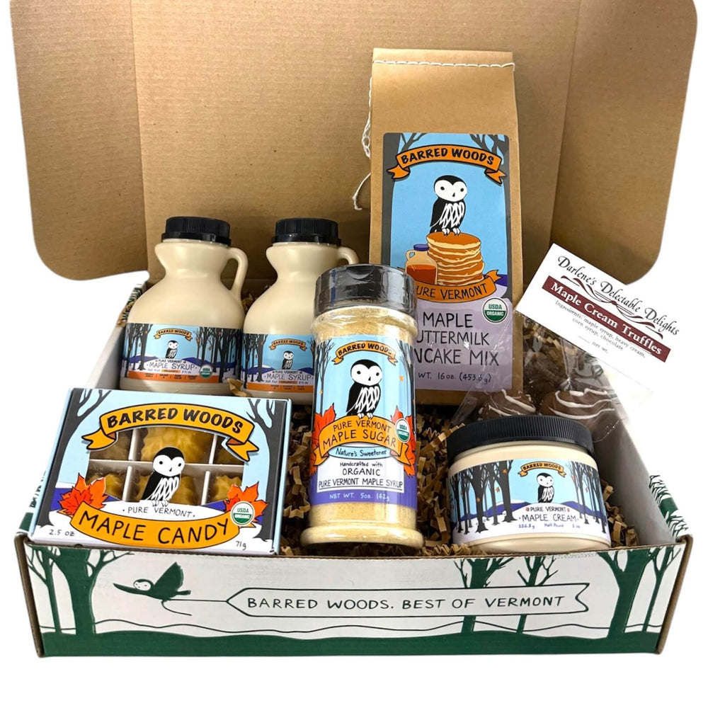 maple syrup gift basket consisting of Vermont  maple syrup, pancake mix, maple cream, and other maple products.