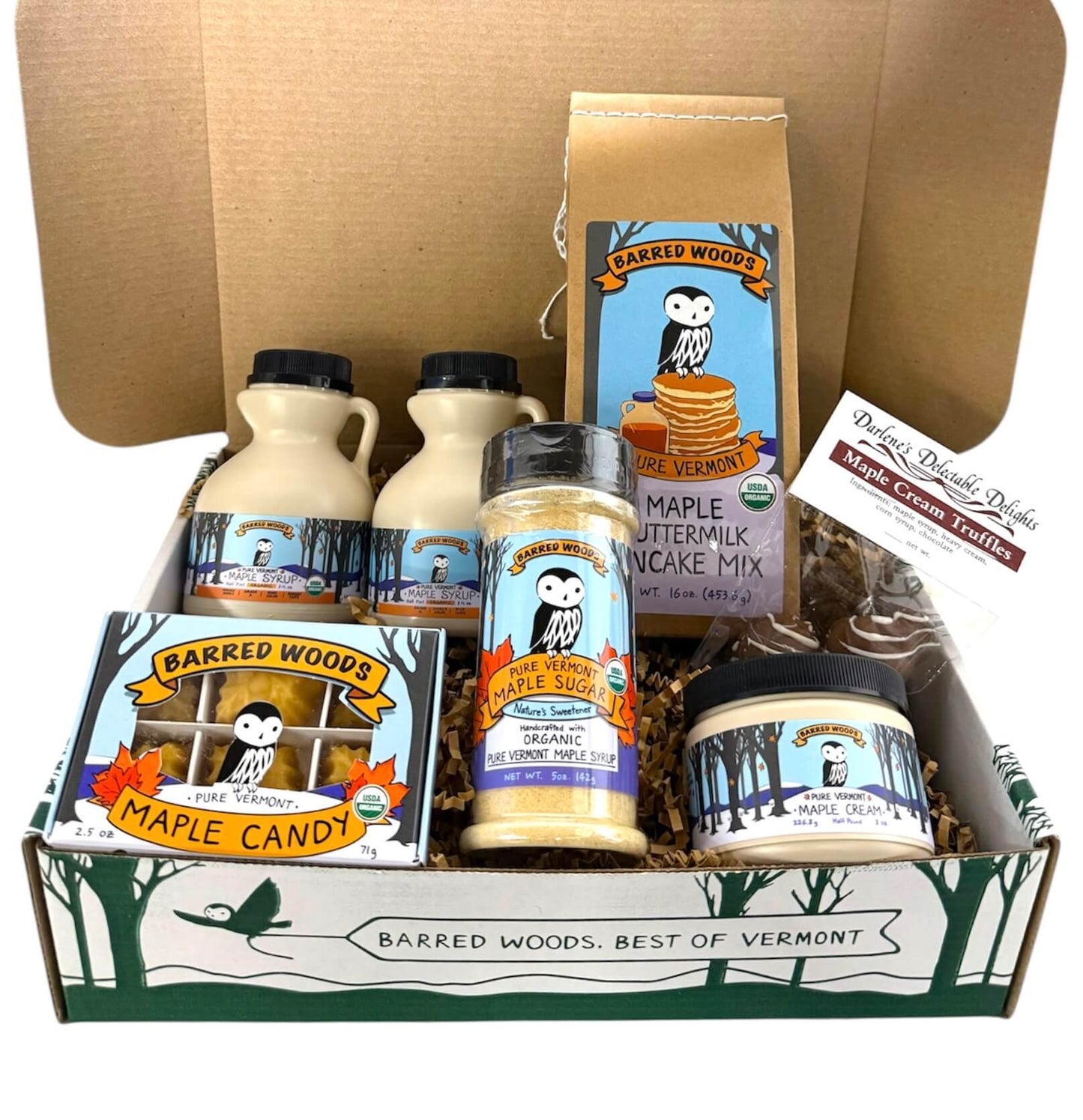 maple syrup gift basket consisting of Vermont  maple syrup, pancake mix, maple cream, and other maple products.