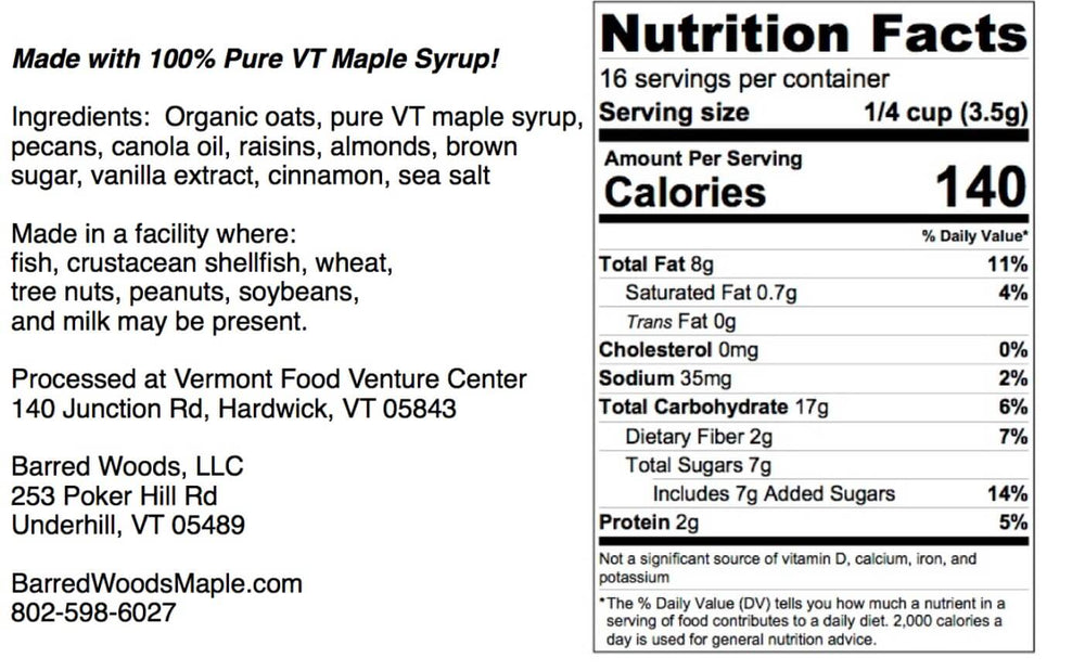 
                  
                    bulk granola, one pound bag, maple crunch granola nutriton label.
                  
                