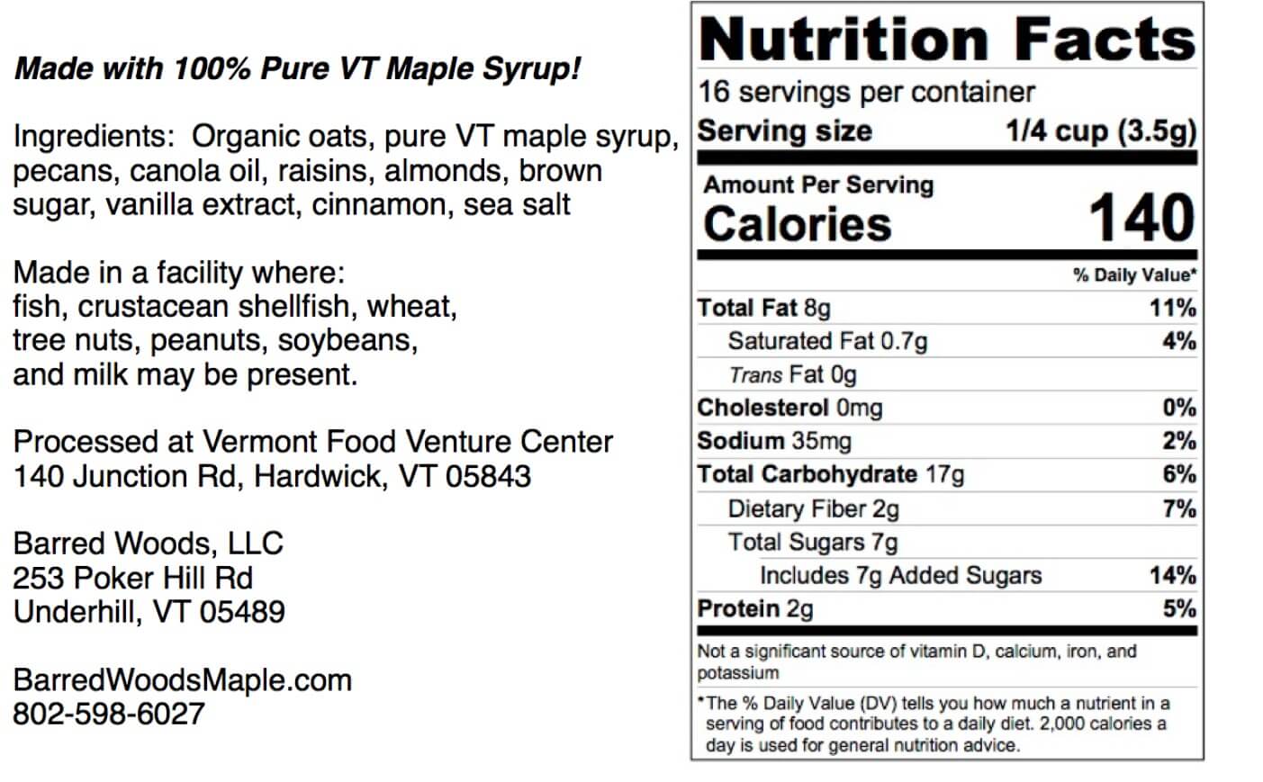 bulk granola, one pound bag, maple crunch granola nutriton label.