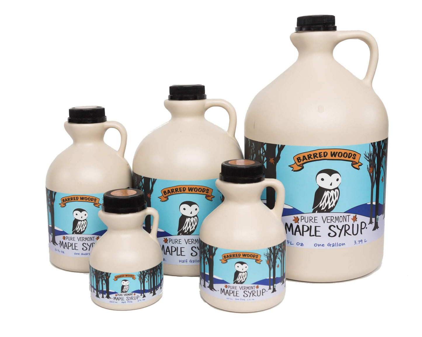 A collection of Barred Woods Maple syrup in pint, quart, half gallon and gallon jugs.  Available in Amber and Dark grades.