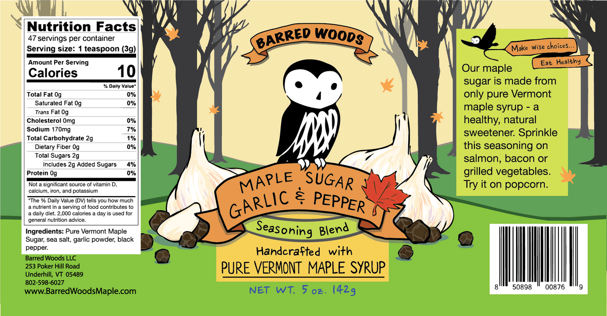 garlic pepper seasoning for sale.  uses pure Vermont maple sugar