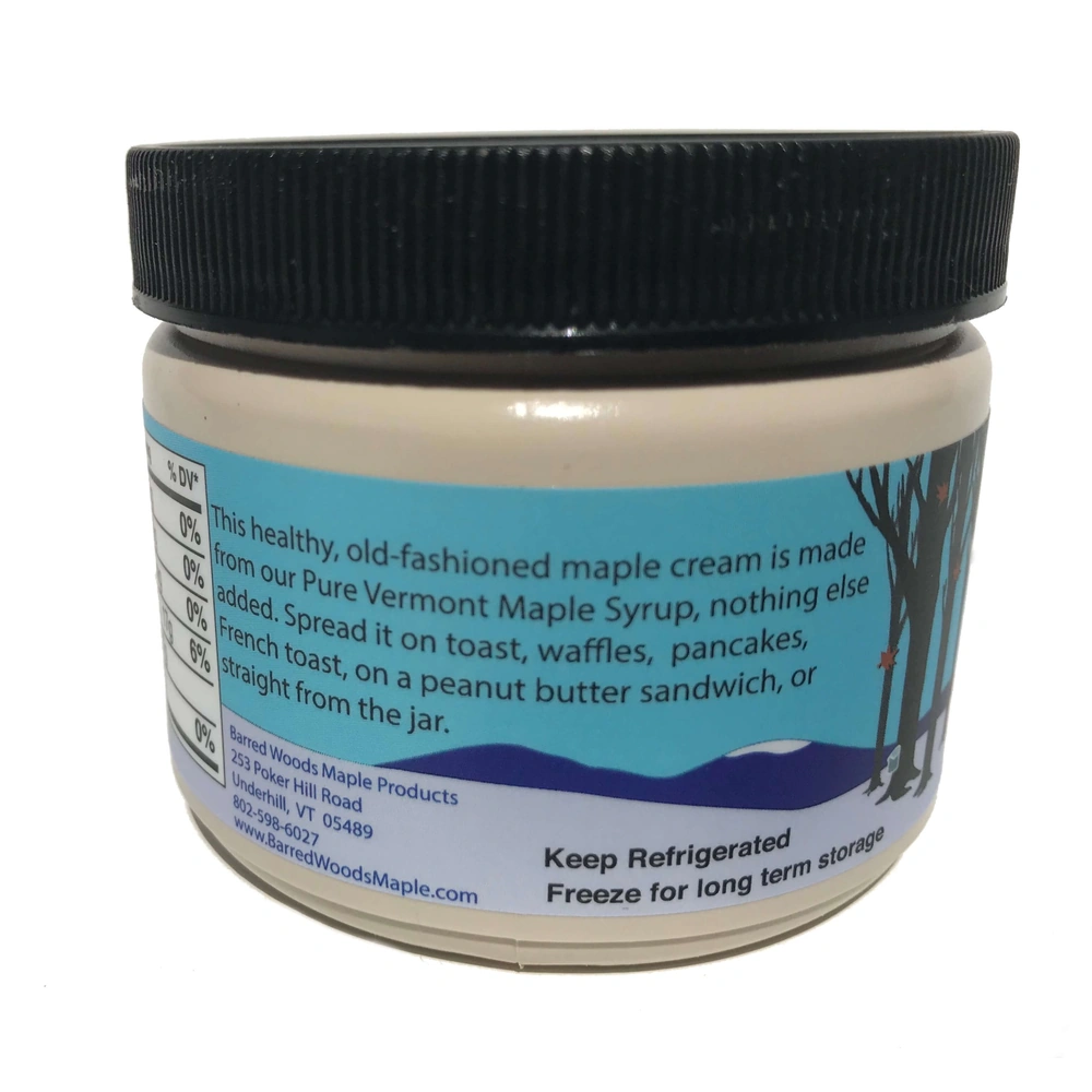 Spreadable Vermont maple cream with suggested uses including toast, waffles, pancakes, and more. 