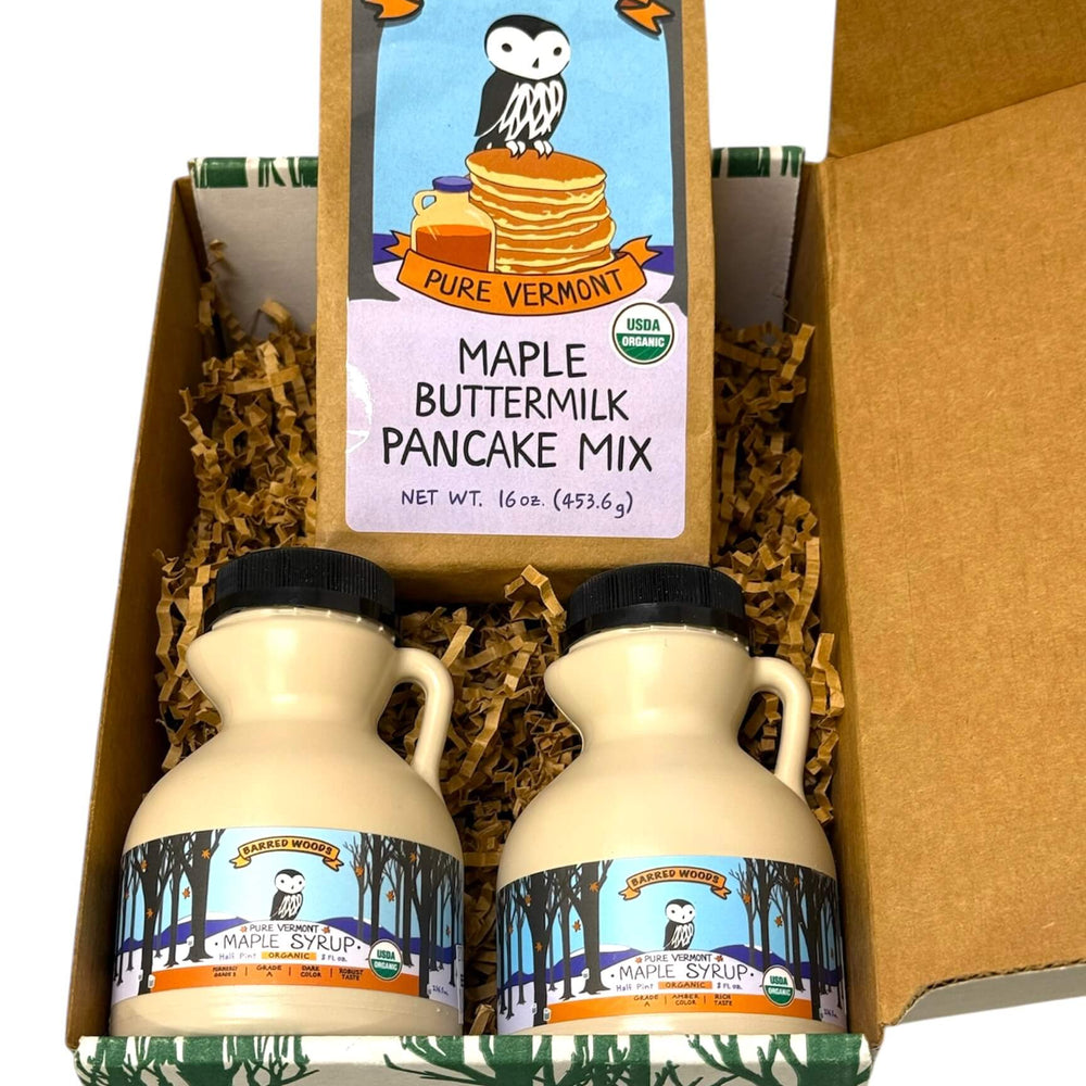 Organic maple syrup and pancakes gift box.