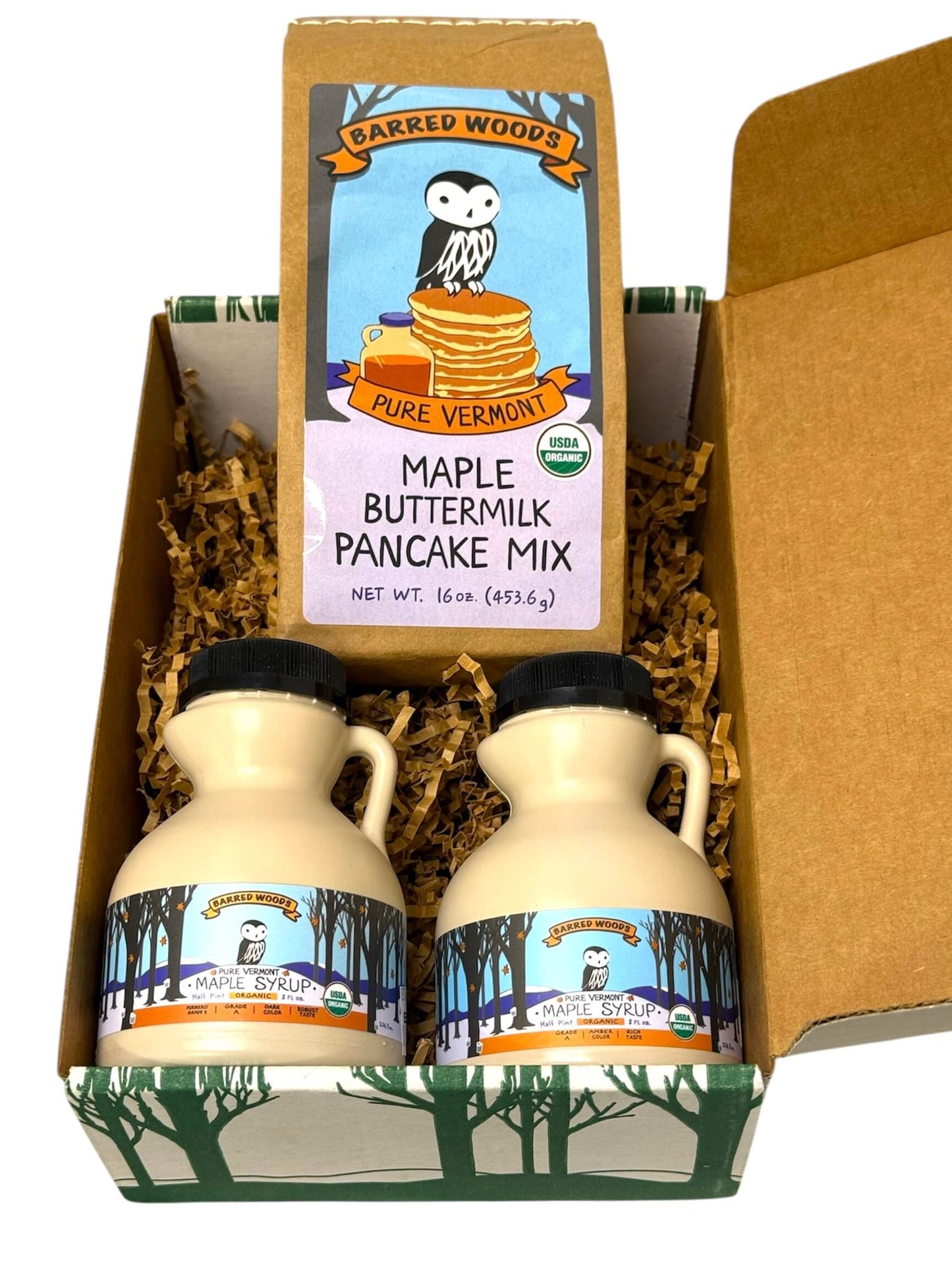 Organic maple syrup and pancakes gift box.