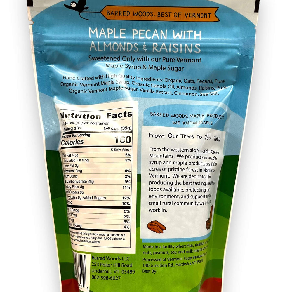 
                  
                    Barred Woods Maple Pecan with Almonds & Raisins Granola package on a white background.  Homemade with real maple syrup.
                  
                