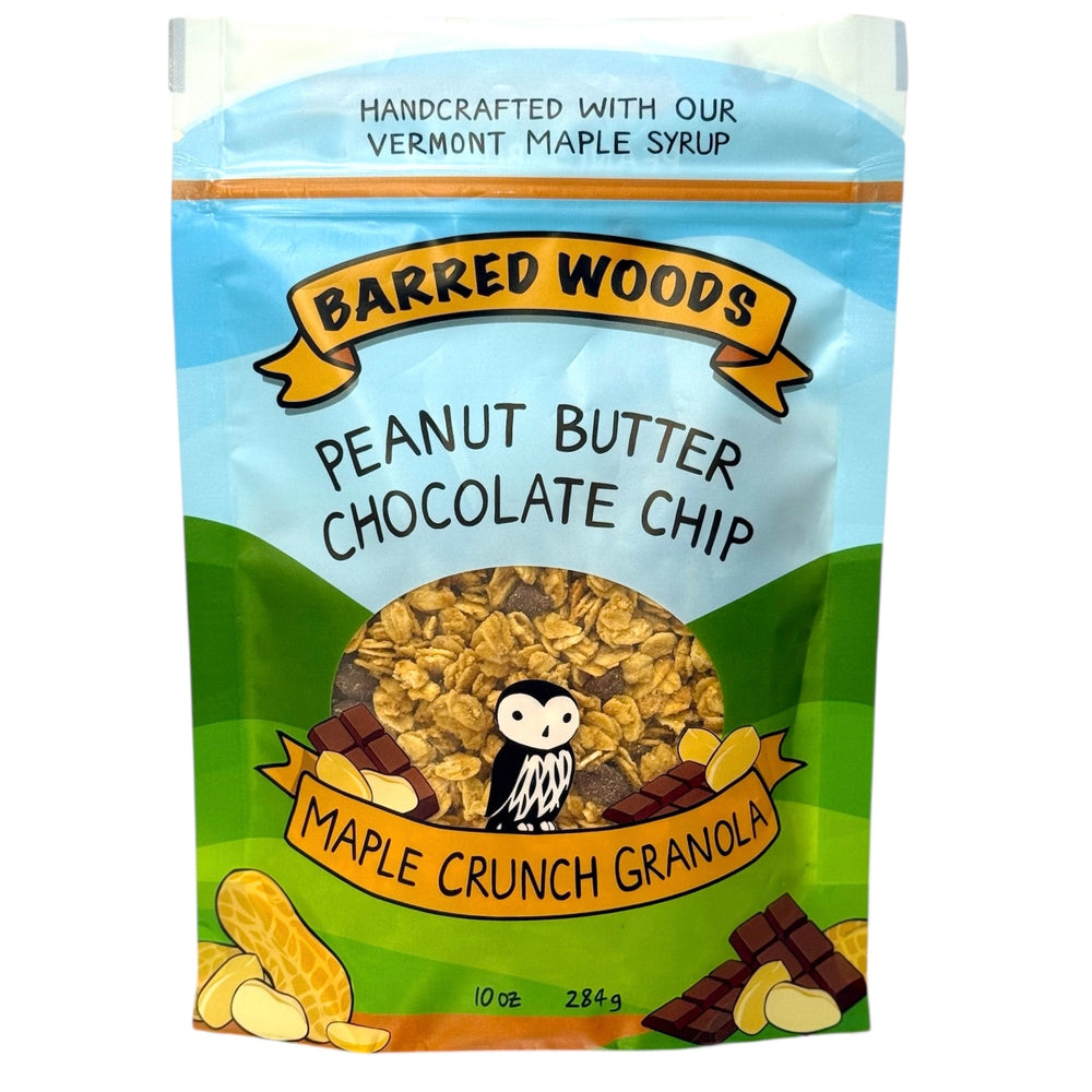 A bag of Barred Woods Maple crunch granola with peanut butter and chocolate chips.  The granola is sweetened with real maple syrup and maple sugar.