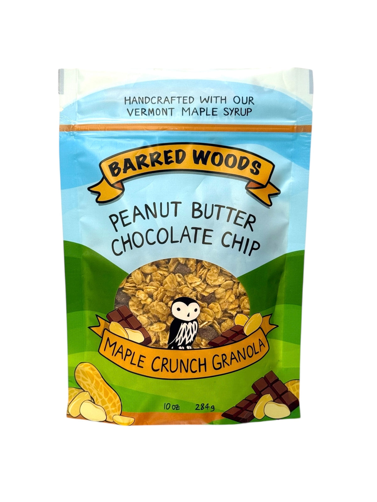 A bag of Barred Woods Maple crunch granola with peanut butter and chocolate chips.  The granola is sweetened with real maple syrup and maple sugar.