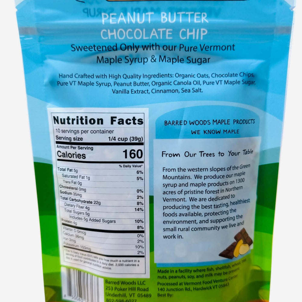 
                  
                    Barred Woods Peanut Butter Chocolate Chip granola with nutrition facts  and the ingredient lists.
                  
                