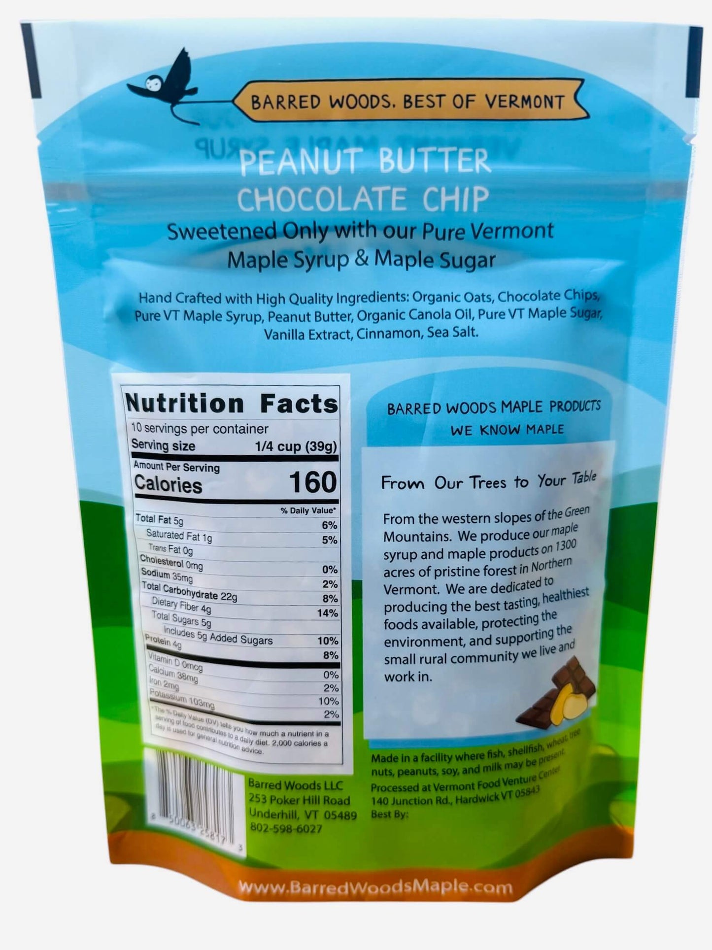 Barred Woods Peanut Butter Chocolate Chip granola with nutrition facts  and the ingredient lists.