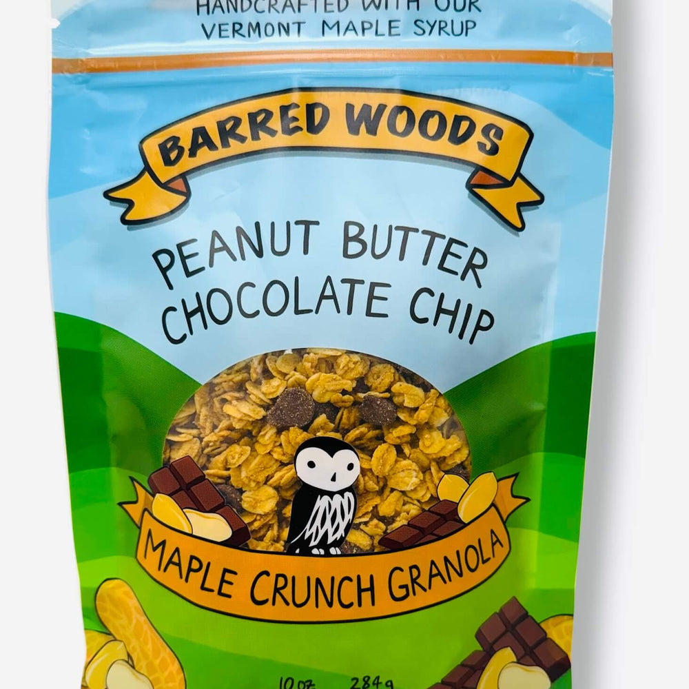 A bag of Barred Woods Maple crunch granola with peanut butter and chocolate chips.  The granola is sweetened with real maple syrup and maple sugar.