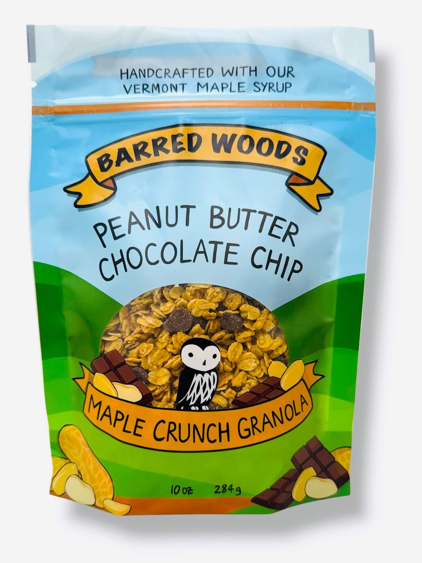 A bag of Barred Woods Maple crunch granola with peanut butter and chocolate chips.  The granola is sweetened with real maple syrup and maple sugar.