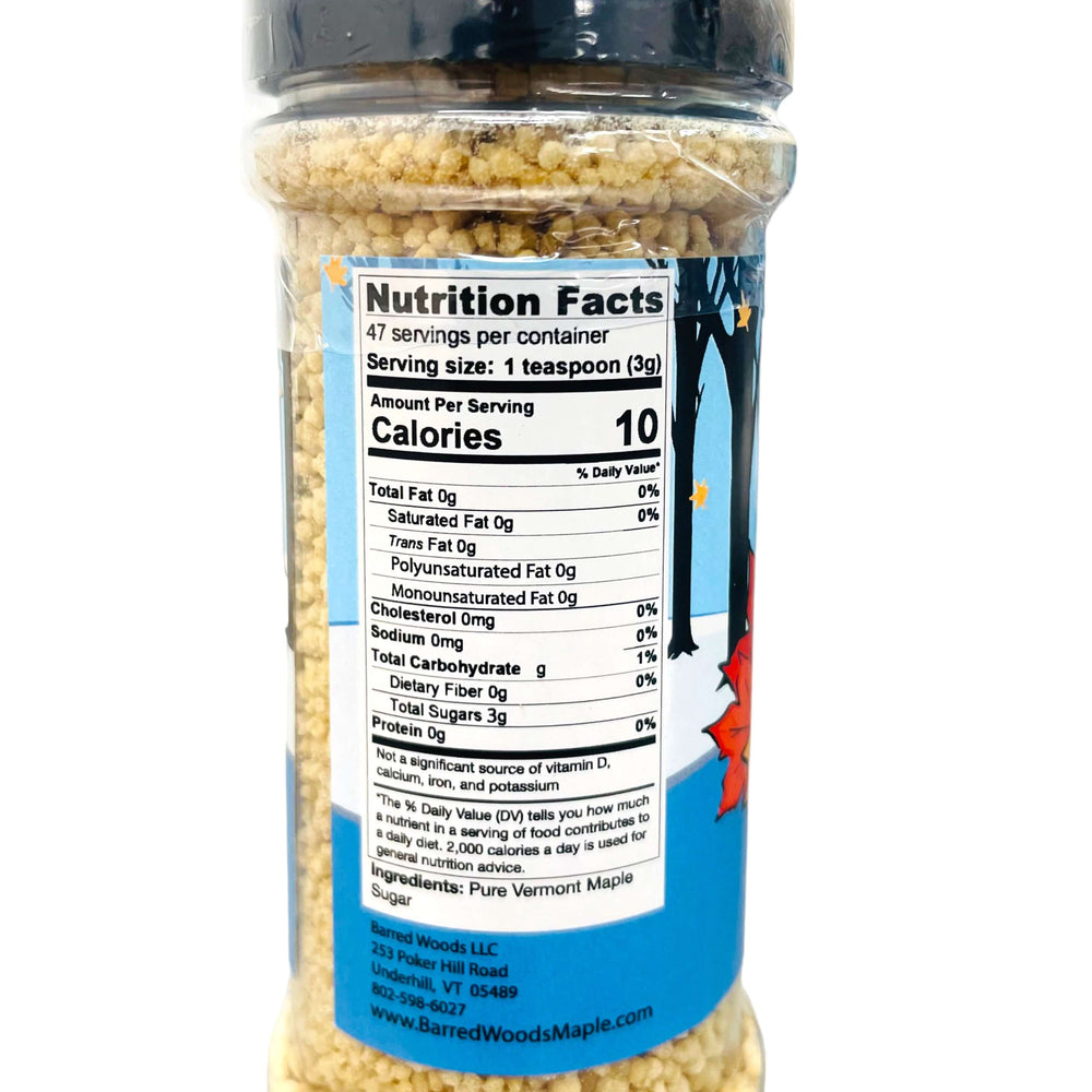 
                  
                    Nutrition Label for a 5 oz jar of maple sugar sprinkles perfect topping for ice cream.
                  
                