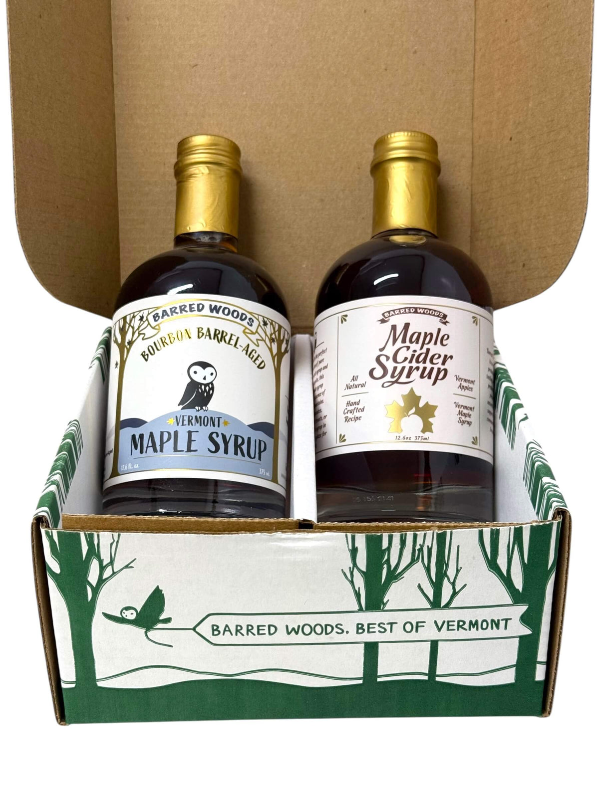 A maple syrup gift box containing two bottles of premium maple syrup. A great Vermont gift!