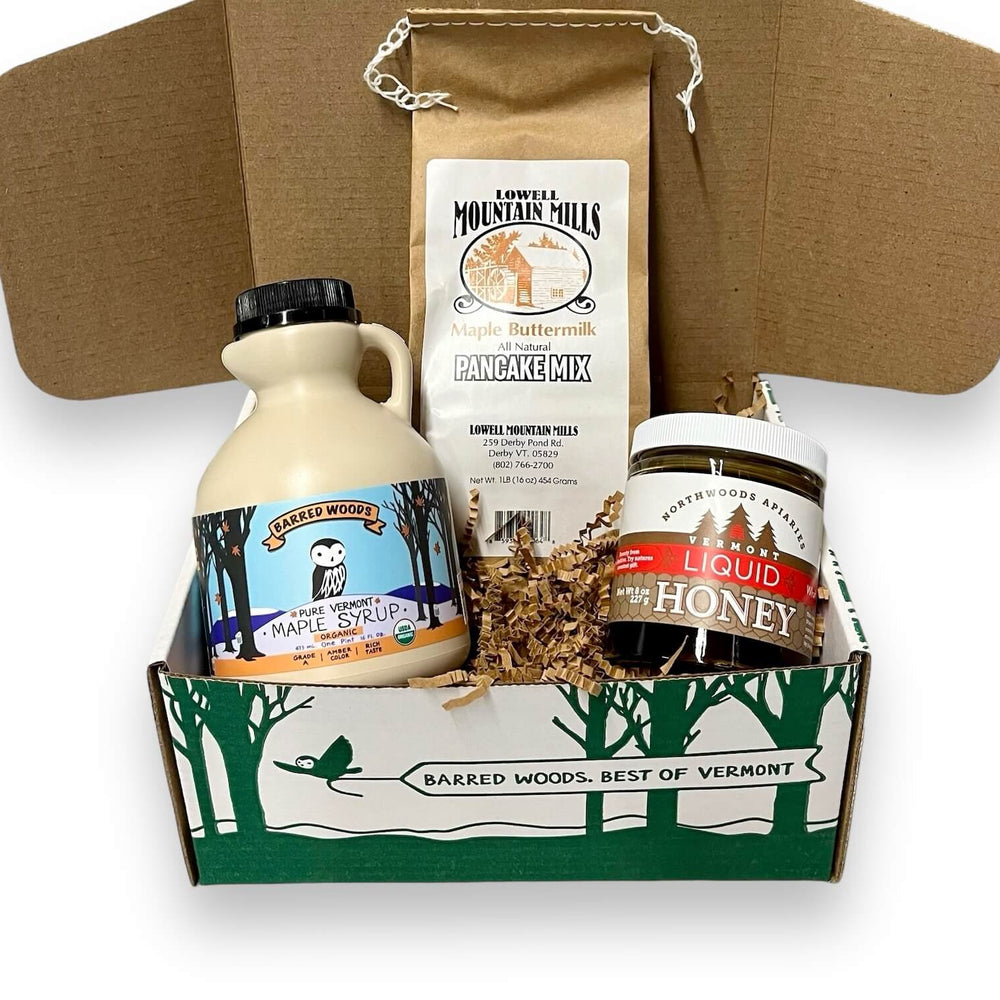 Honey and Maple Syrup Gift Box.  Perfect Vermont Gift set.  Northwoods Apiaries Honey and Barred Woods Maple Syrup