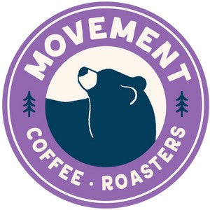 Logo of Movement Coffee Roasters in Stowe Vermont with a bear silhouette and purple circle