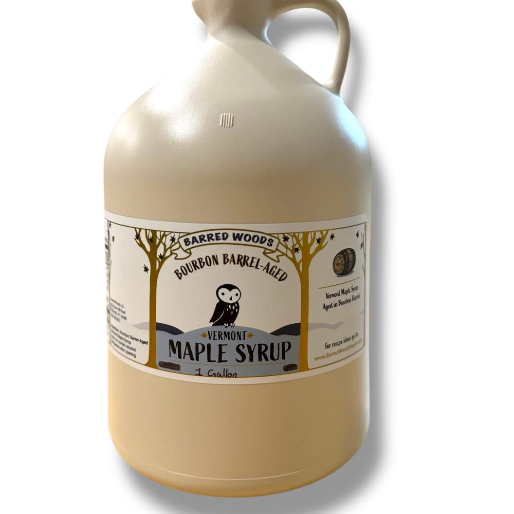 
                  
                    Bourbon barrel maple syrup in bulk one gallon containers, perfect for wholesale needs.
                  
                