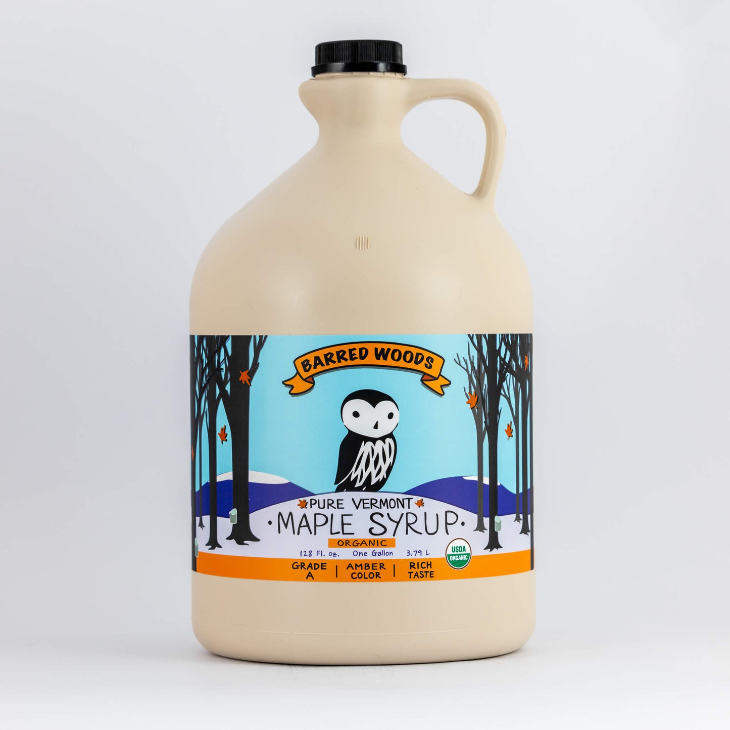 A one gallon jug of Organic Vermont Maple Syrup