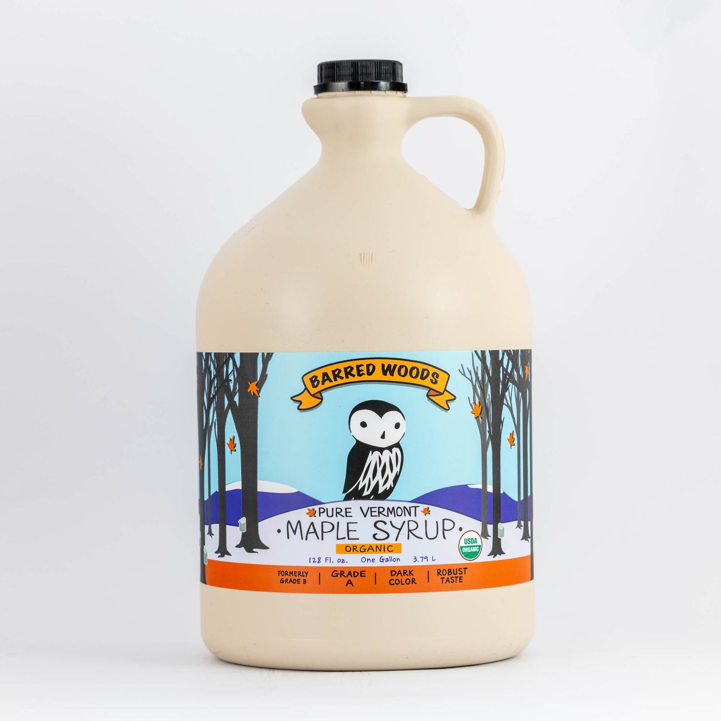 A one gallon jug of Organic Vermont Maple Syrup Grade B