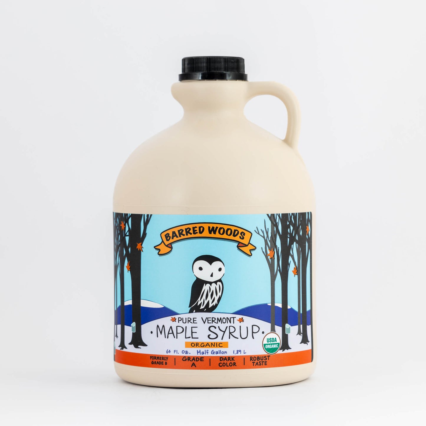 Barred Woods all natural organic maple syrup in a half gallon container, BPA free.