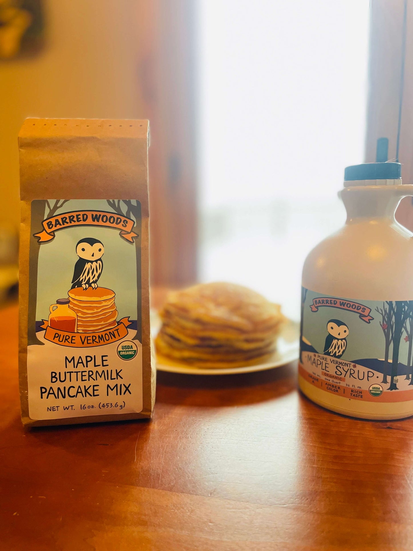 best pancake mix.  pancakes and maple syrup on a table