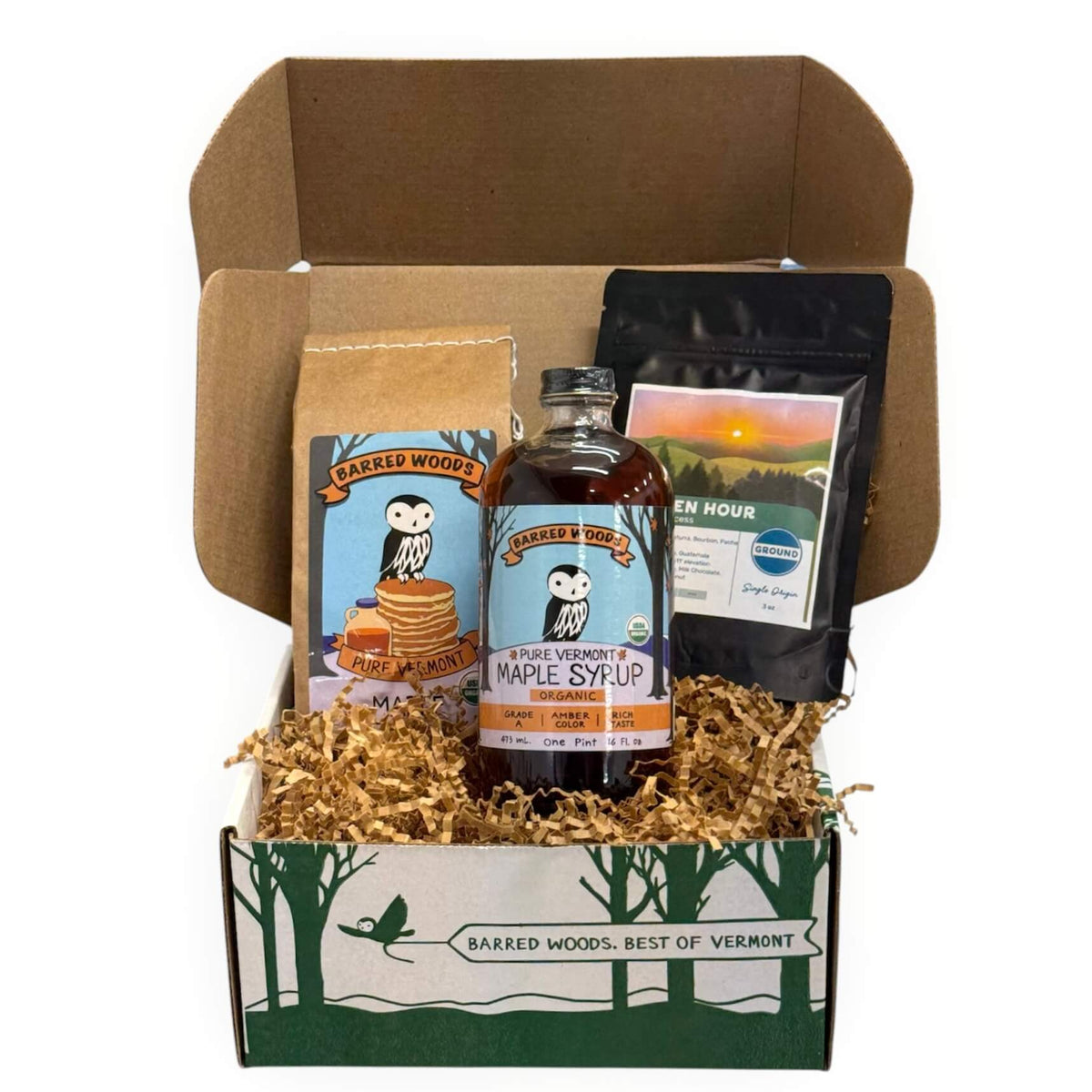 Perfect Vermont Breakfast Gift bag with a pint glass bottle of maple syrup, a bag of our own pancake mix, and a bag of Golden Hour Coffee from Movement Coffee located in Stowe, Vermont.