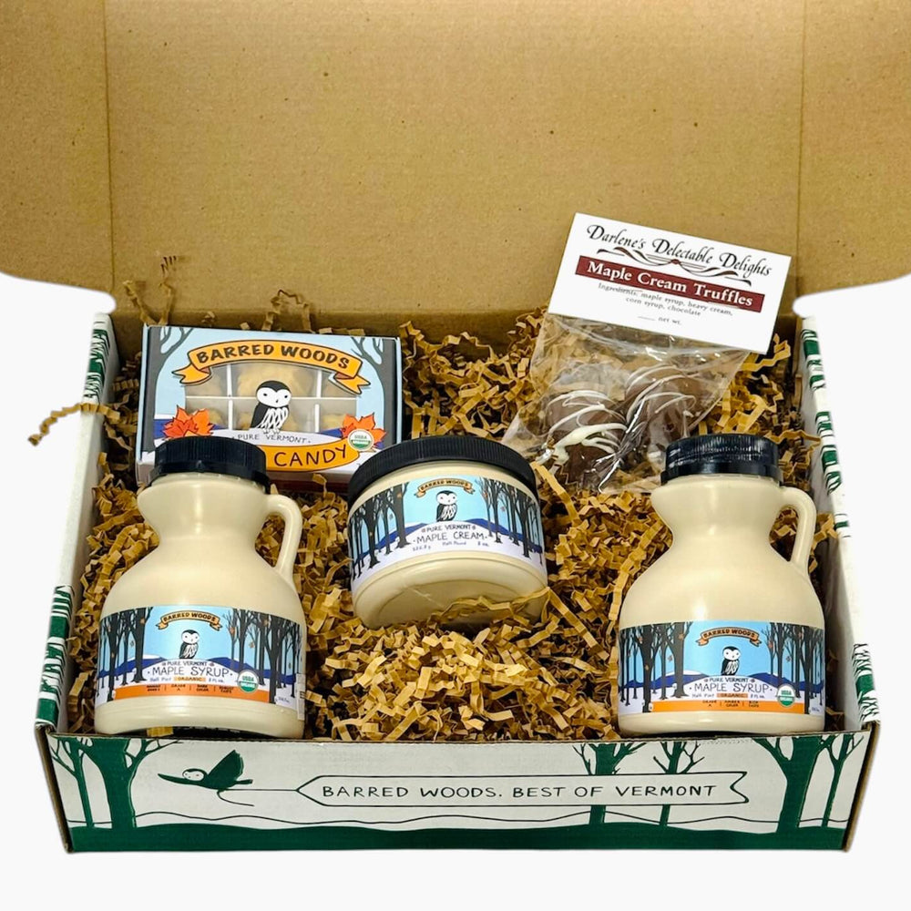 Vermont maple sugar candy  with pure organic maple syrup and maple cream in our Bared Woods custom designed gift box.