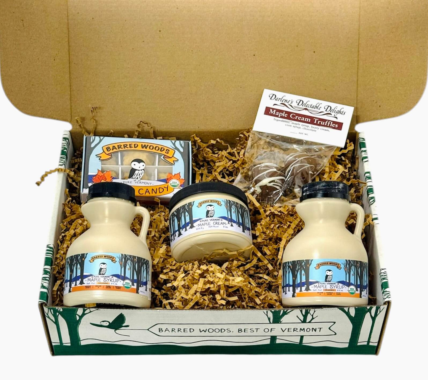 Vermont maple sugar candy  with pure organic maple syrup and maple cream in our Bared Woods custom designed gift box.