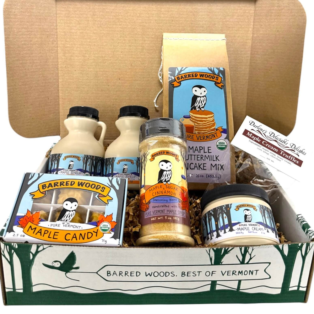 Vermont gift box filled with maple treats including pure Vermont maple syrup  and maple cream.