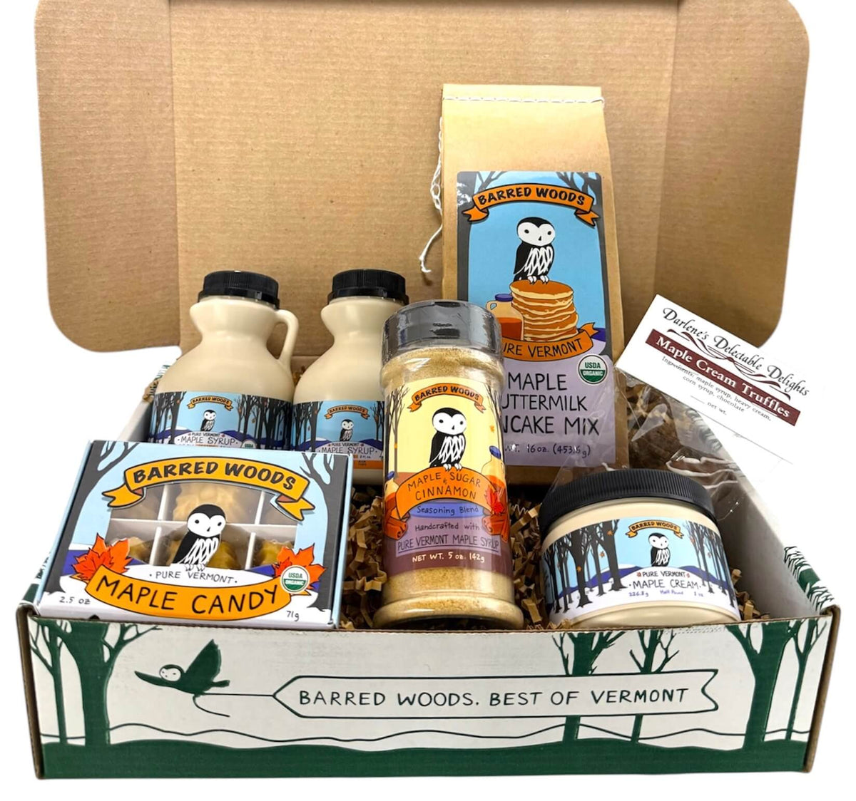 Vermont gift box filled with maple treats including pure Vermont maple syrup  and maple cream.