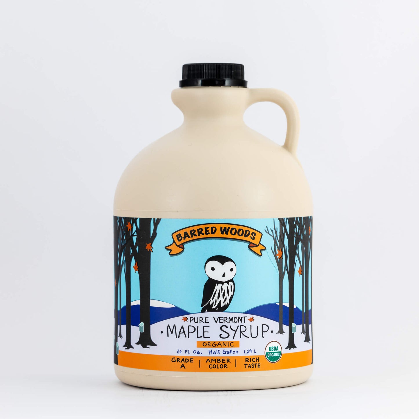 A jug of Barred Woods Vermont maple syrup on sale with free shipping.