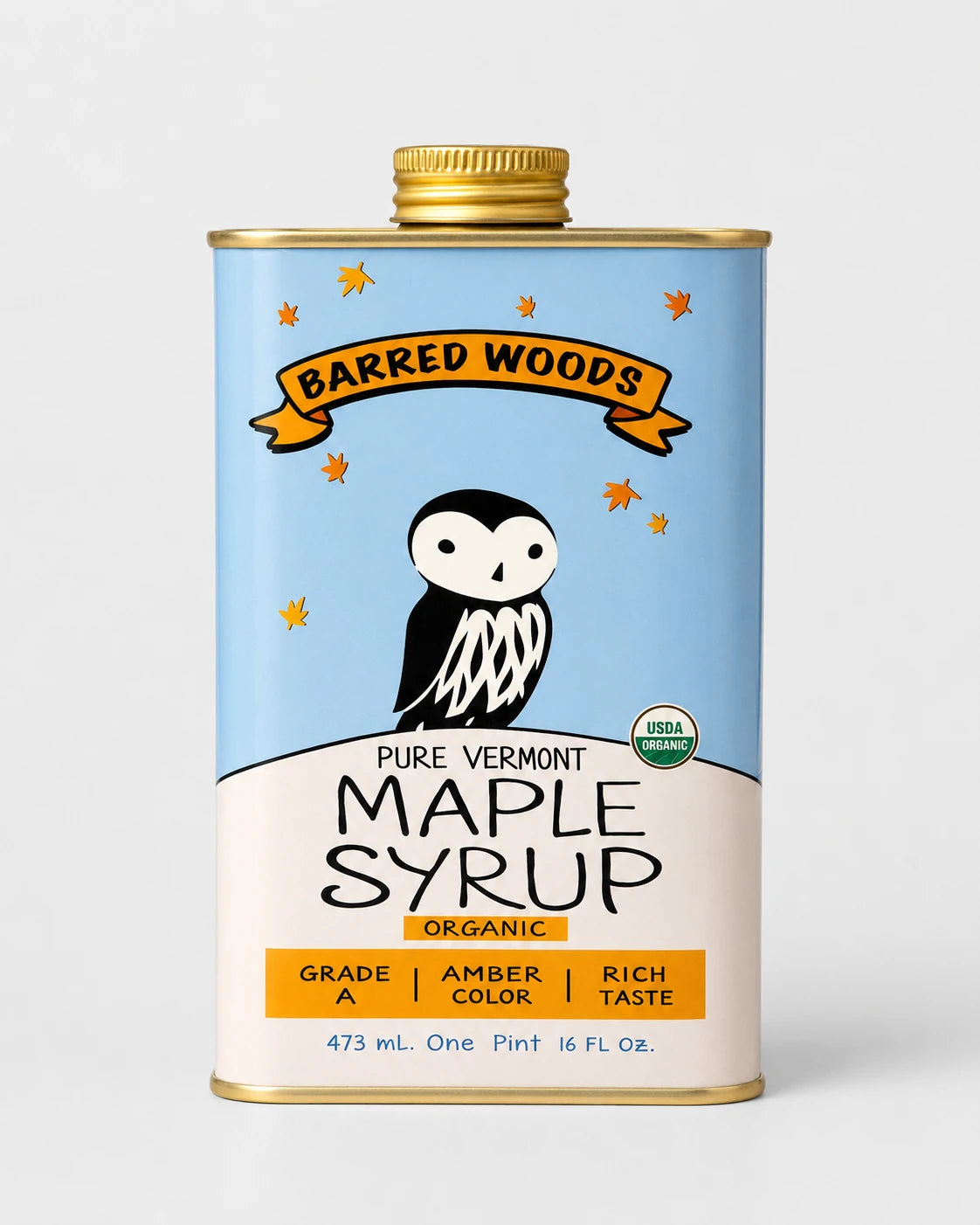 Barred Woods maple syrup in a classic tin can.