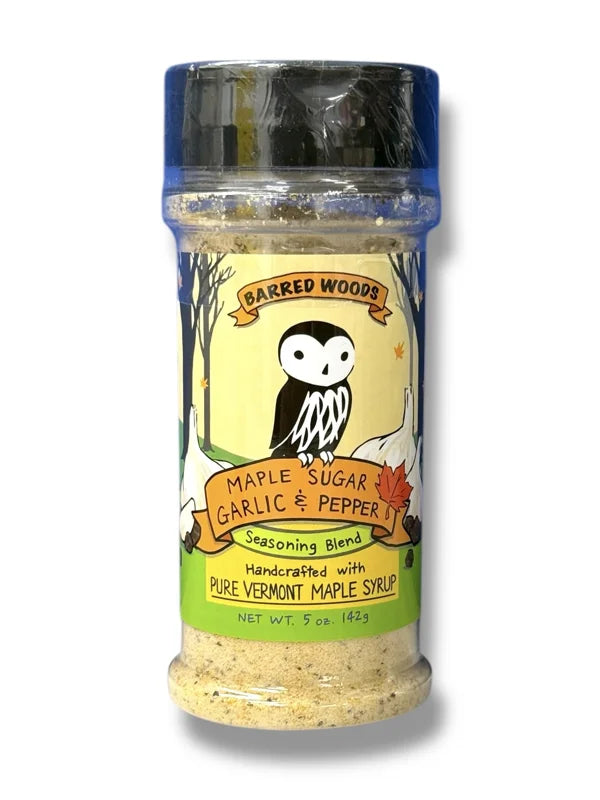 Maple Sugar Garlic  Pepper seasoning.  The finest spices and seasonings combined with Barred Woods pure organic Vermont maple sugar.