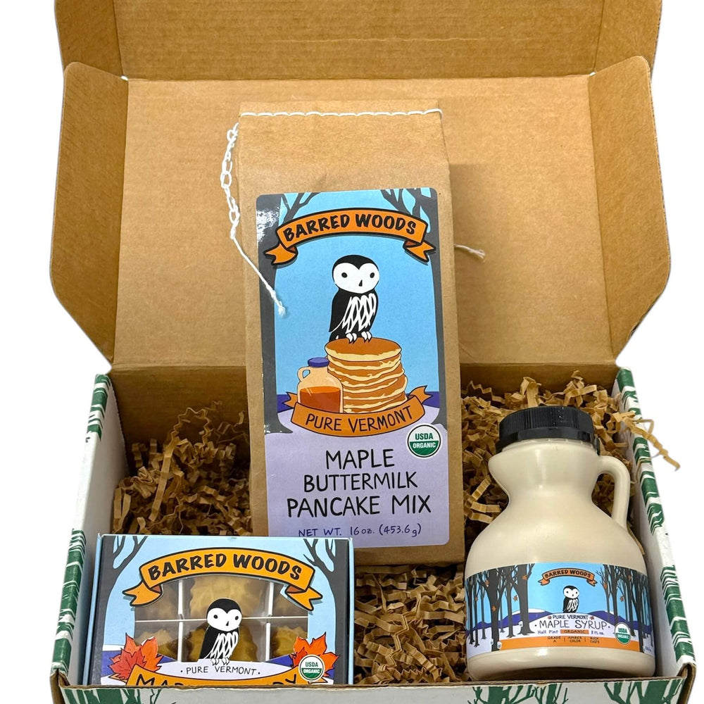 A Vermont gift idea consisting of a gift box containing Barred Woods maple buttermilk pancake mix ,  a bottle of maple syrup, and a box of maple candy.    
All ingredients are organic certified.  