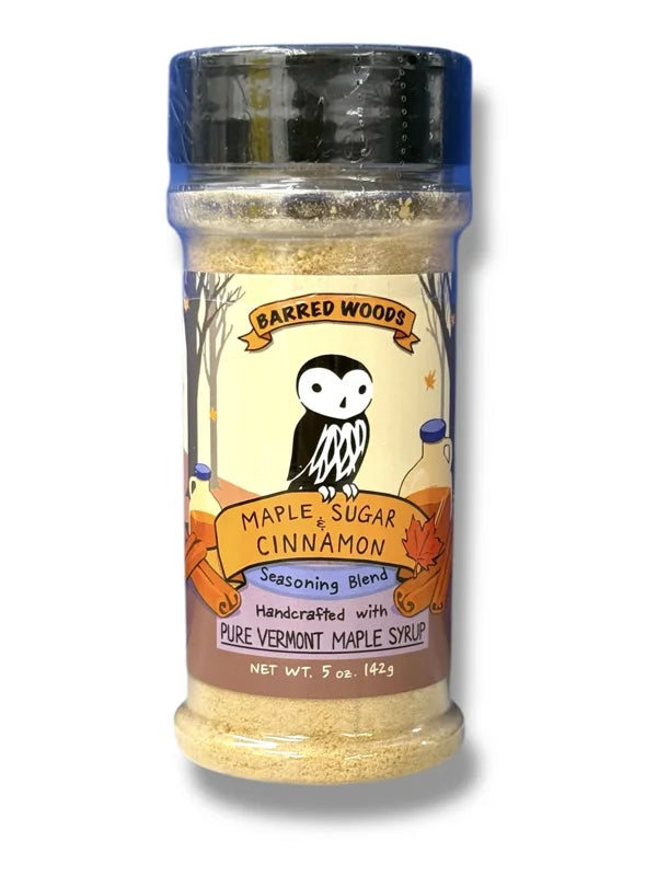 Bottle of Barred Woods Maple & Sugar Cinnamon seasoning blend on a white background