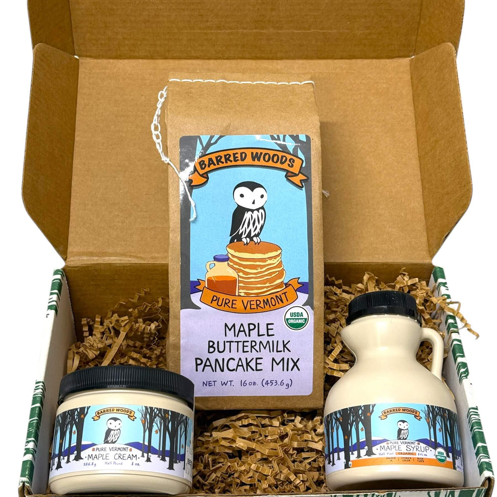 Maple syrup and pancake mix gift basket. 