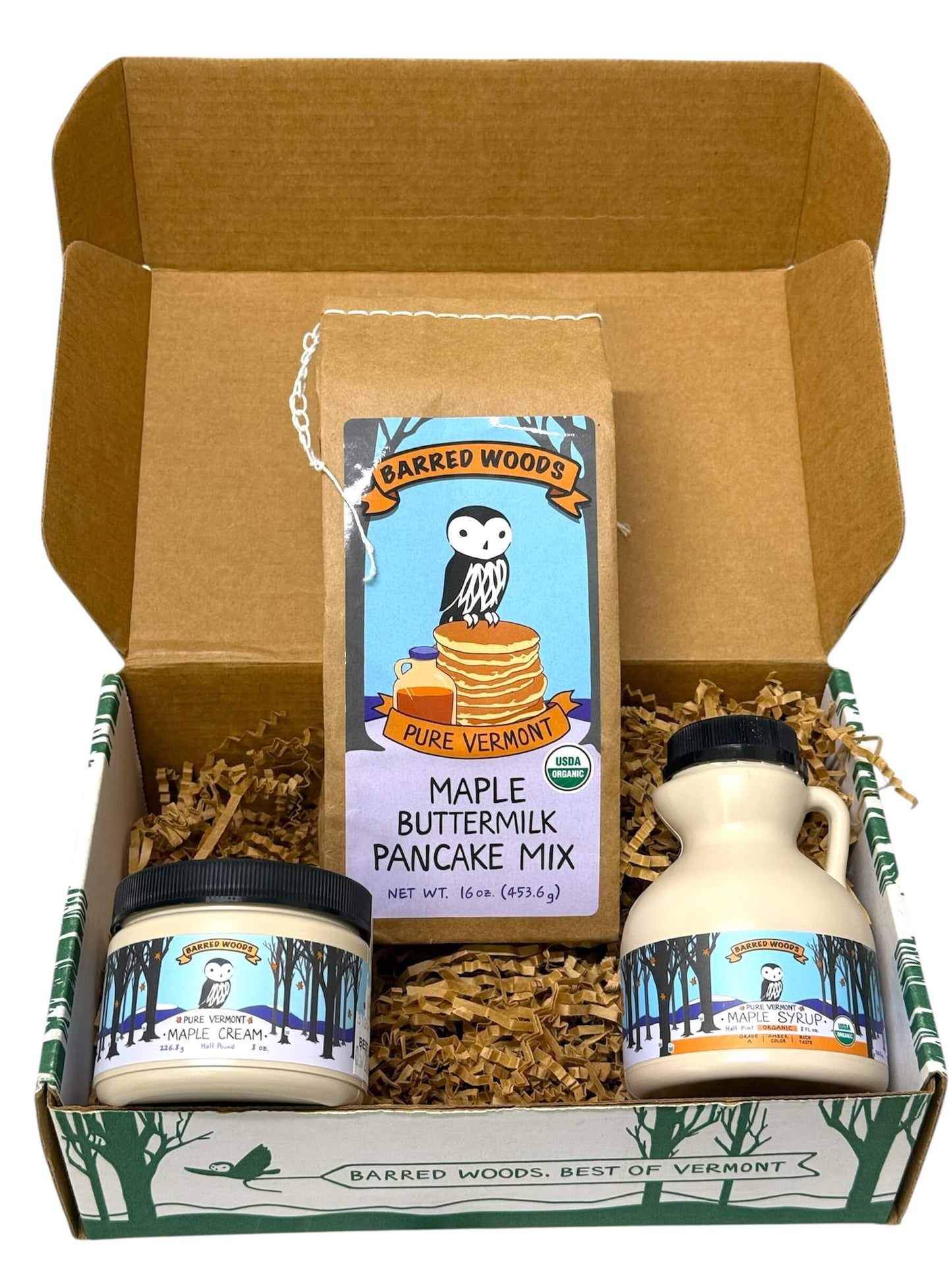 Maple syrup and pancake mix gift basket. 