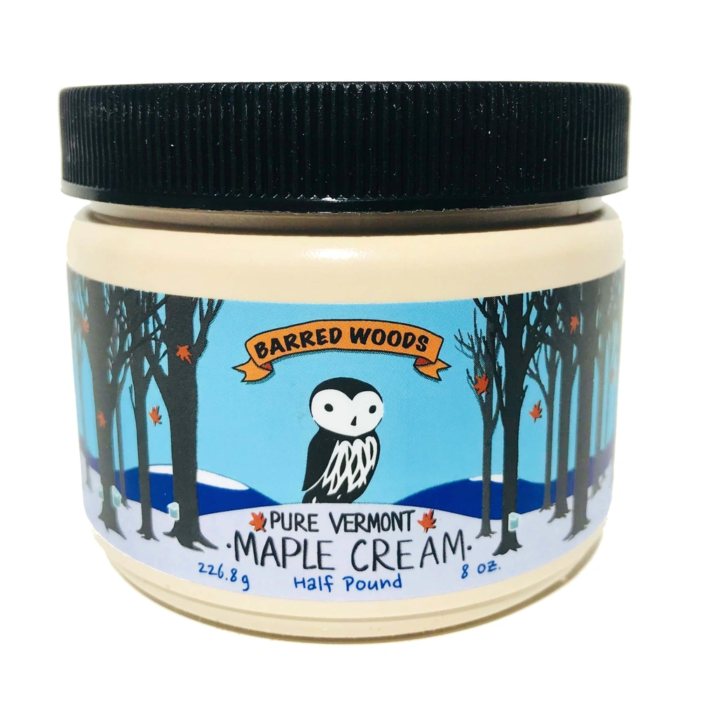 Barred Woods Pure Vermont Maple Cream – all-natural, handcrafted maple spread made from 100% organic Vermont maple syrup in an 8 oz jar