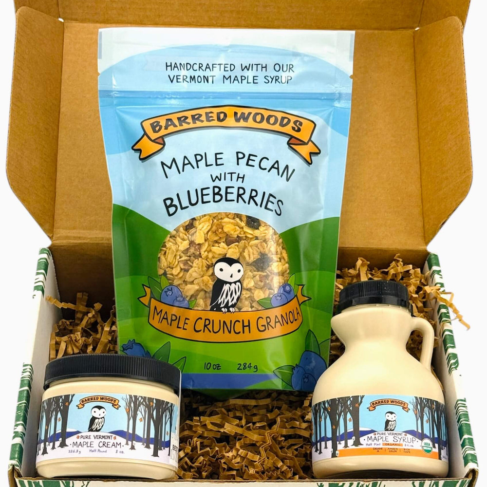 Granola Gift box with Barred Woods maple pecan granola, maple cream, and maple syrup.
