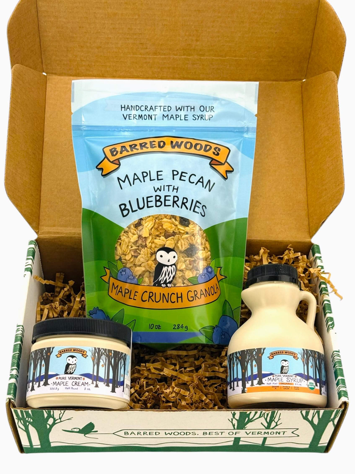 Granola Gift box with Barred Woods maple pecan granola, maple cream, and maple syrup.