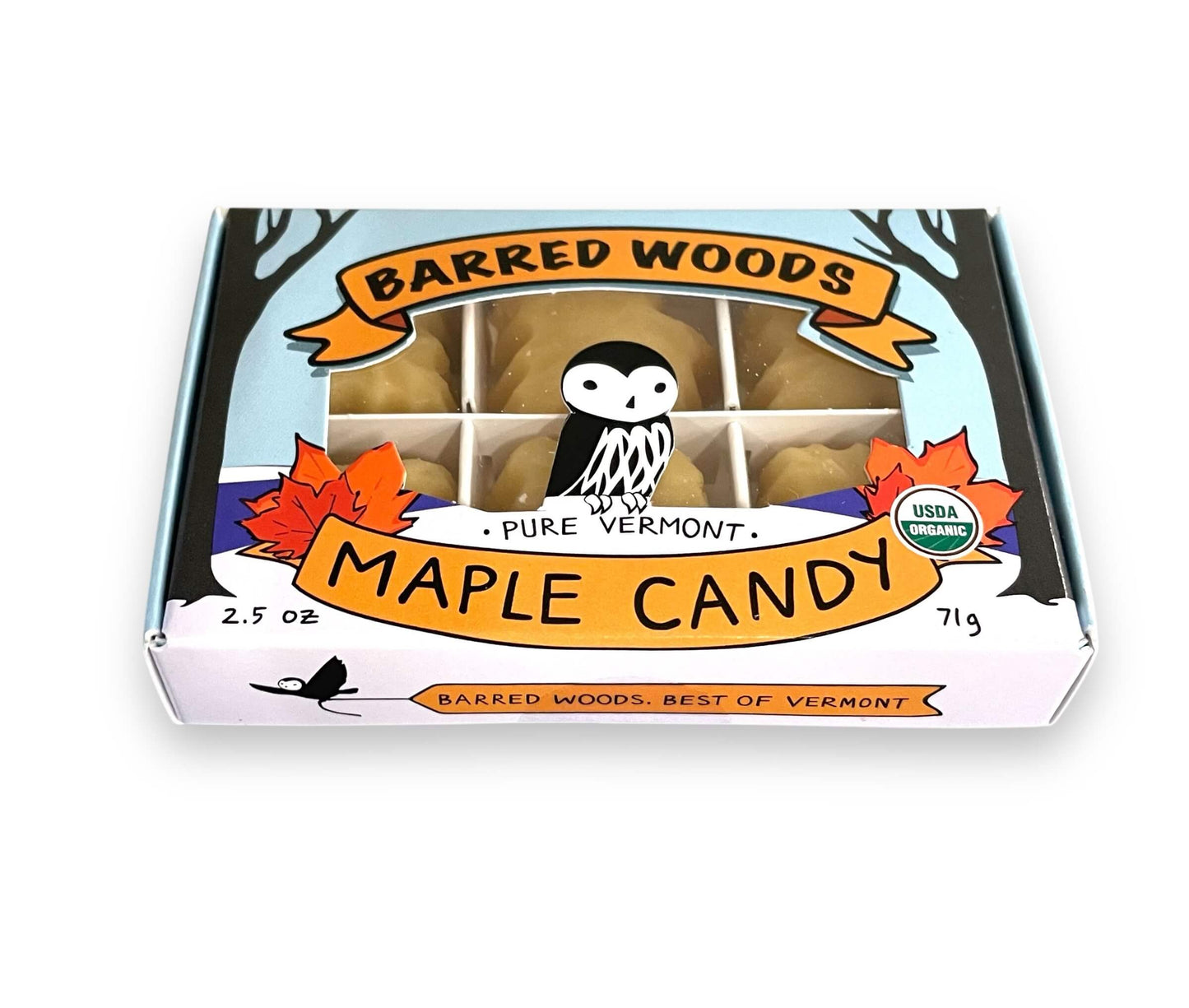 Box of Barred Woods Pure Vermont Maple Candy with our logo design on a white background.  6 piece gift box of maple sugar candy.